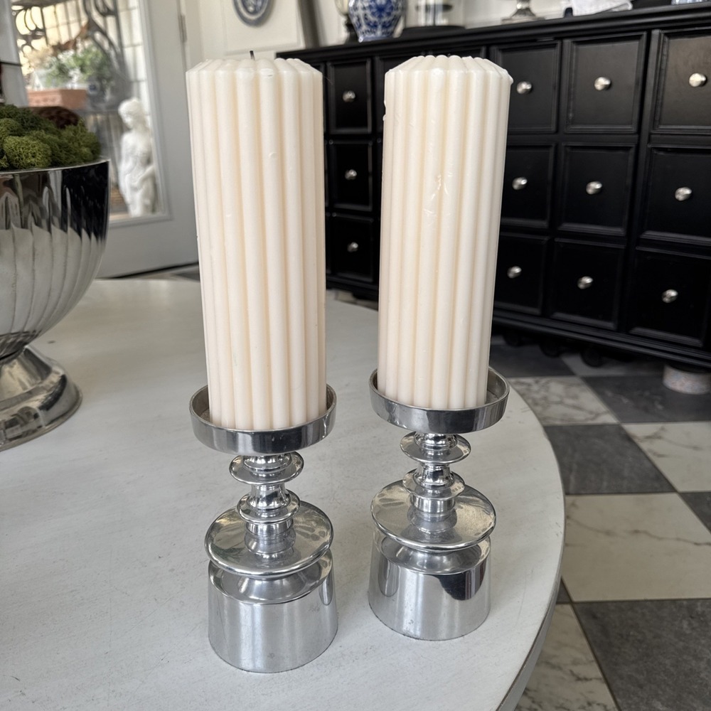 Vintage Aluminum Ware Pillar Candle Holders - 6.5" Tall (candles Included)